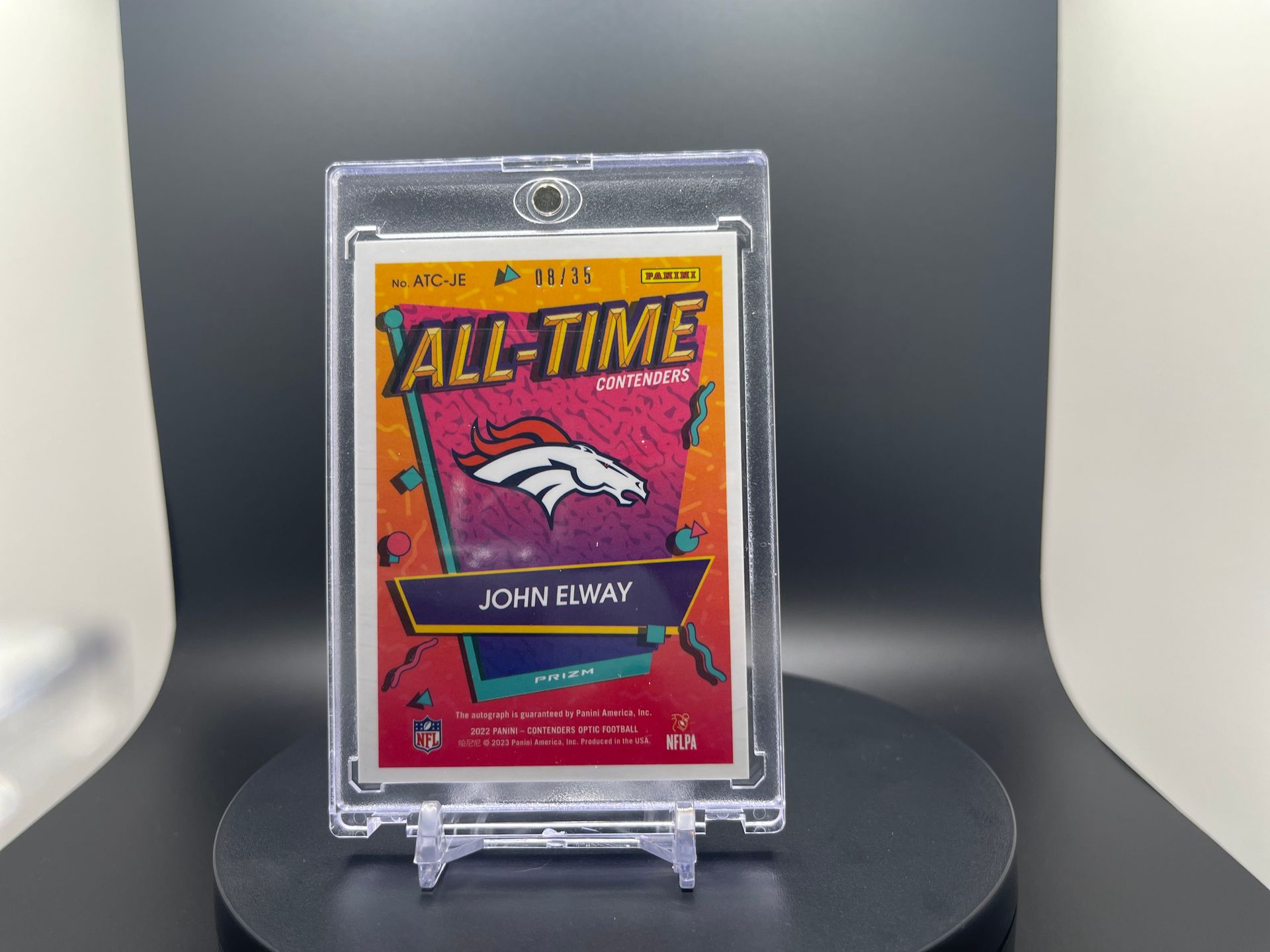 John Elway : 2022 Optic Contenders : #ATC-JE : All-Time Contenders On-Card Auto Parallel [Orange] : 08/35 *** Super Rare ***