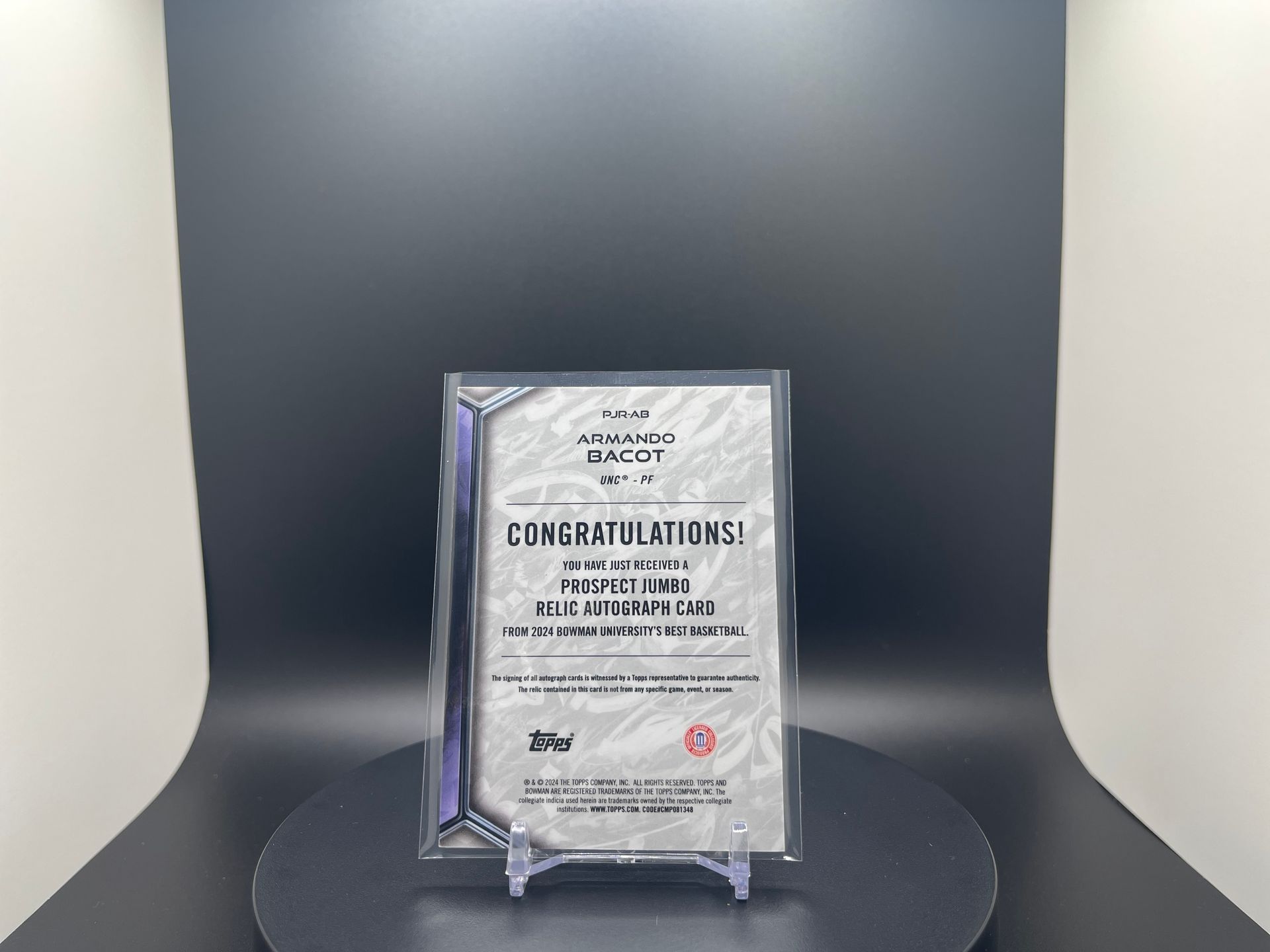 Armando Bacot : 2023 Bowman Best U : #PJR-AB : Jumbo Player Worn Patch Autograph