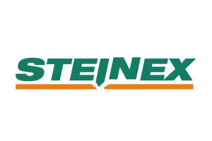 A green and orange logo for steinex on a white background