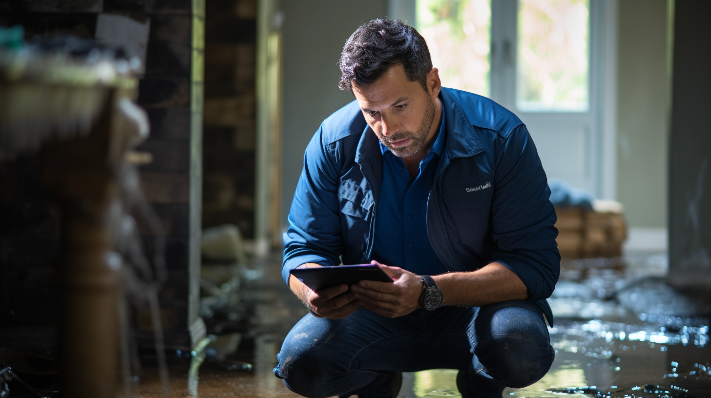 Zen Dry Restoration technician assessing water damage in a Marietta, GA home.