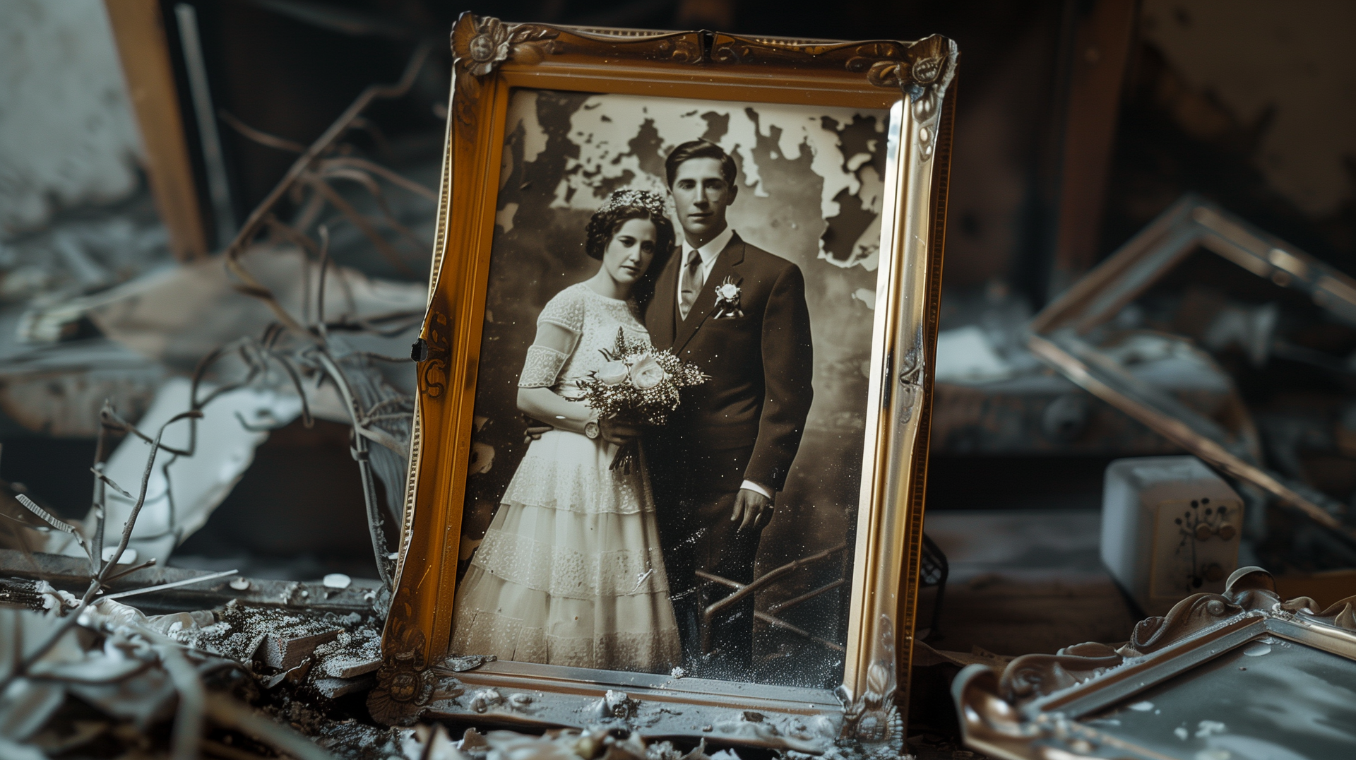 A family heirloom photo sits amongst fire damage