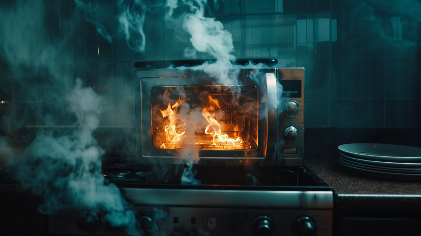 Stove fire in a kitchen, emphasizing the need for fire safety and cleanup.