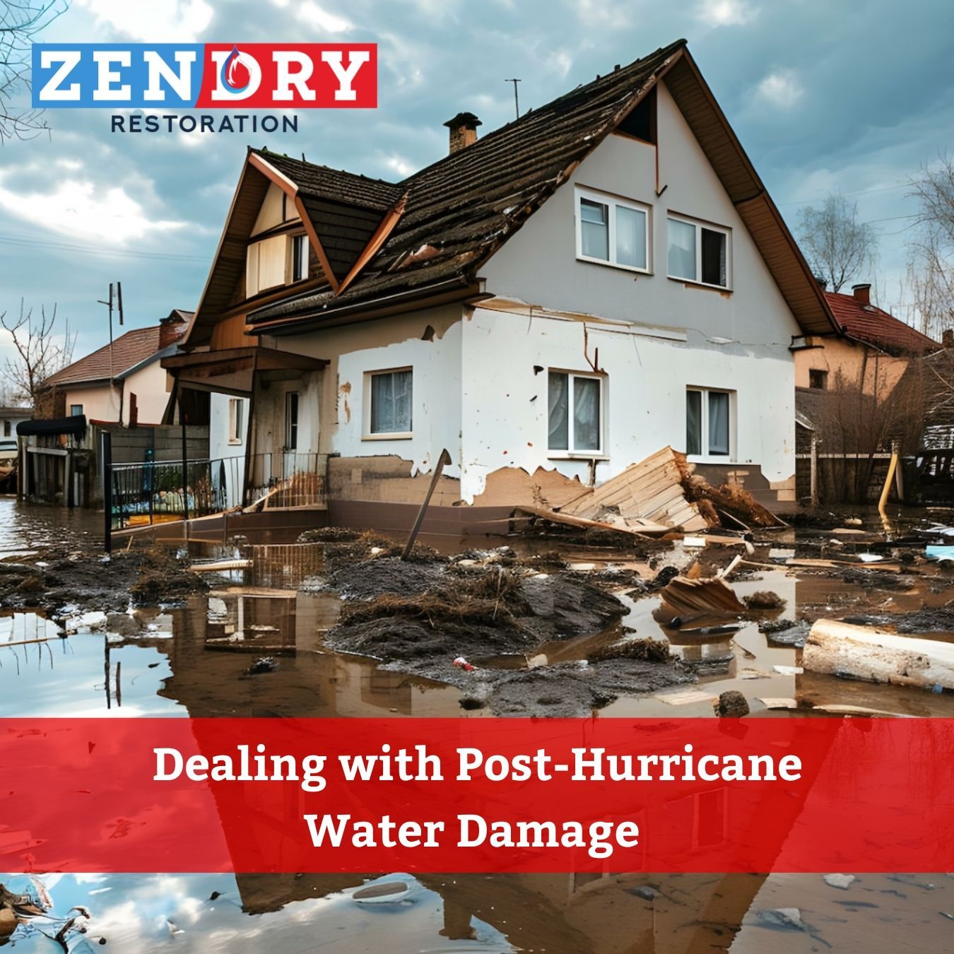 An illustration of a house damaged by flooding and wind from a hurricane.