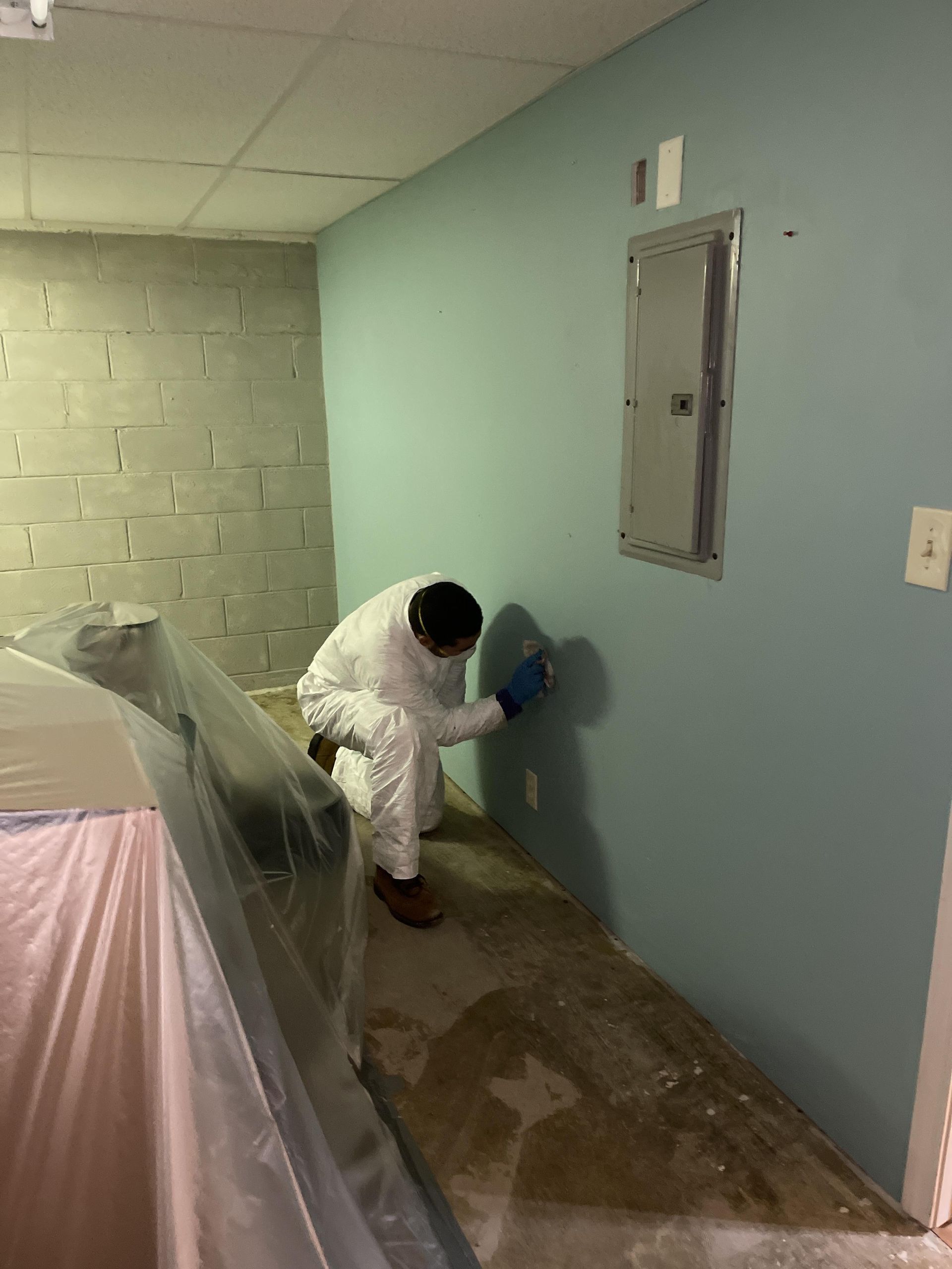A Zen Dry Restoration technician assesses the damage in a flooded basement