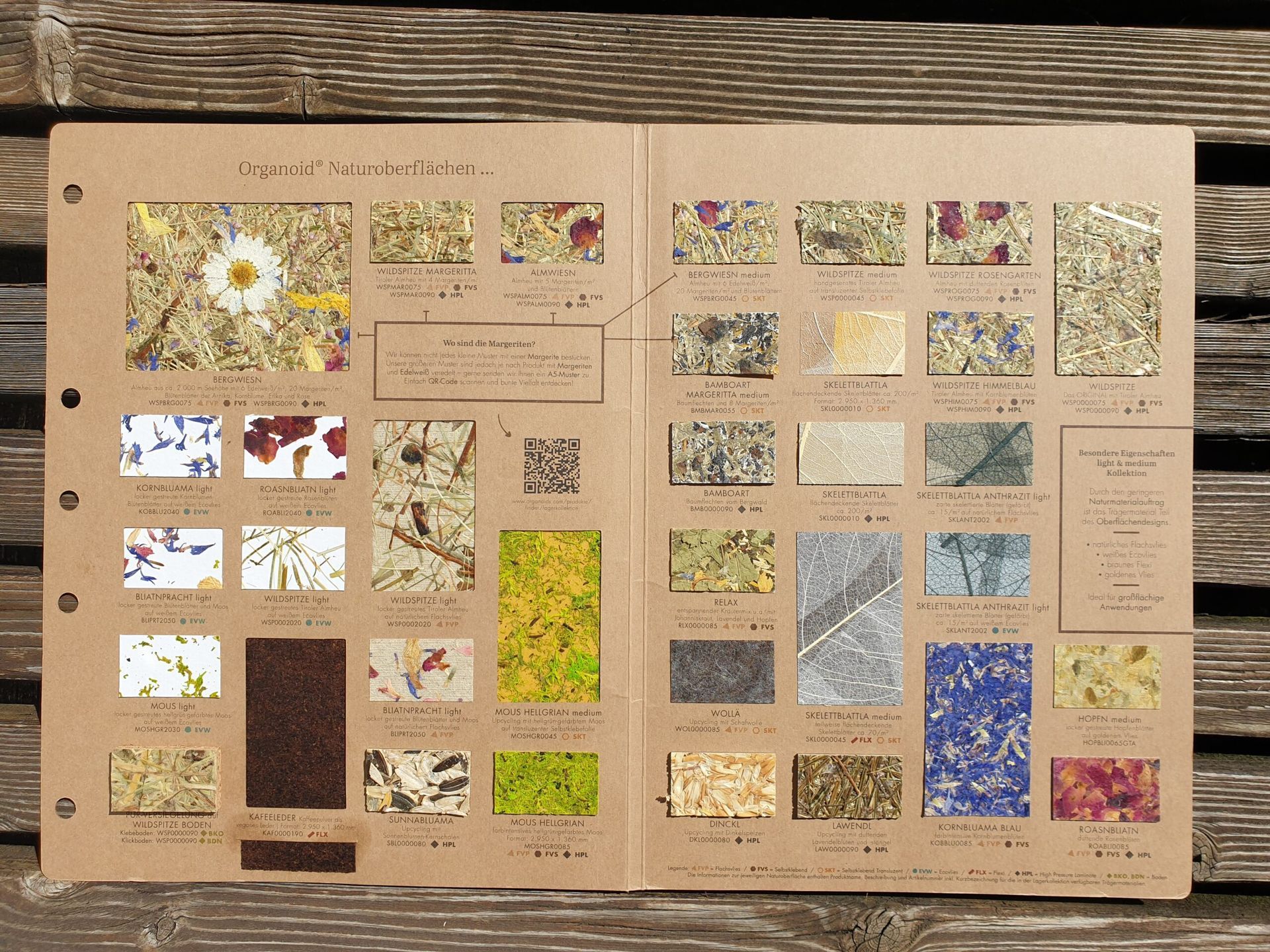 Ein Buch ist auf einer Seite aufgeschlagen, auf der verschiedene Papiersorten zu sehen sind