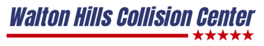 Walton Hills Collision Center logo with blue text, a red underline, and four red stars.
