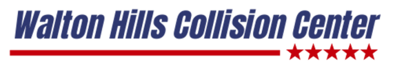 Walton Hills Collision Center logo with blue text, a red underline, and four red stars.