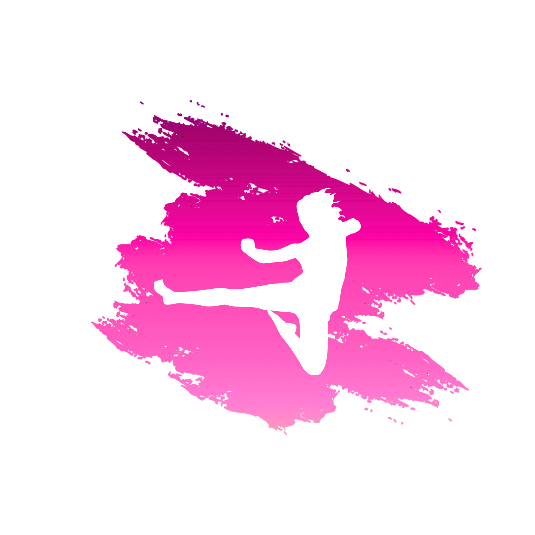 A silhouette of a person doing a kick on a pink background.