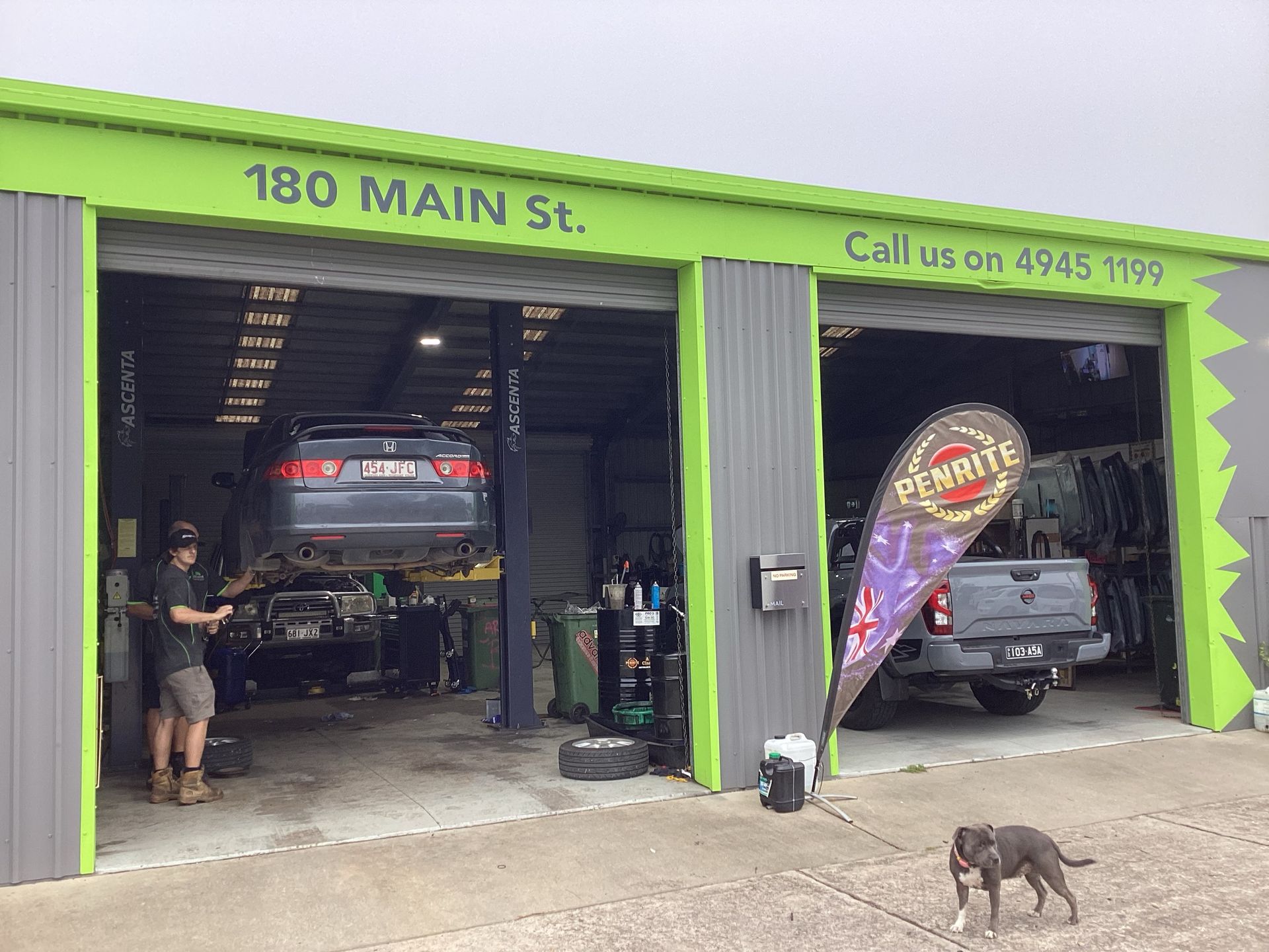 A man is working on a car in a garage next to a dog — Advanced Windscreens & Service Centre In Proserpine, QLD