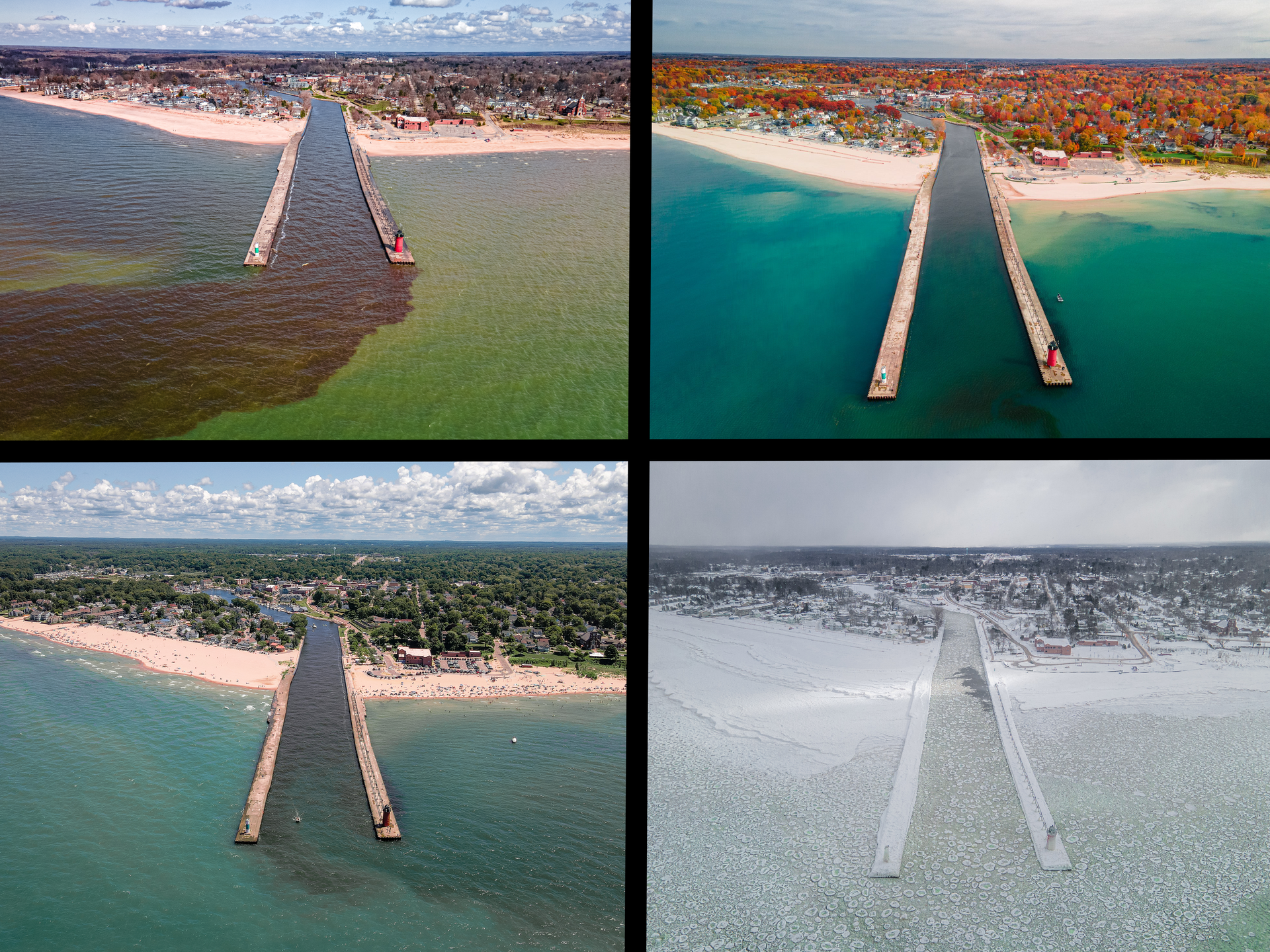 The Black River emptying into Lake Michigan during all 4 seasons.