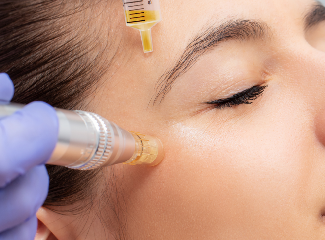A woman is getting a botox injection in her forehead.