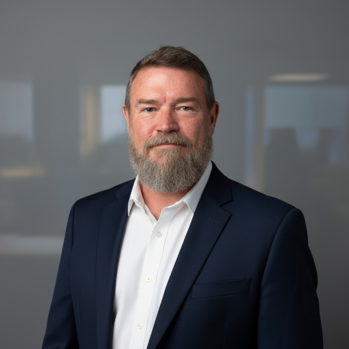 Man in navy blazer and white shirt, looking forward with a neutral expression.