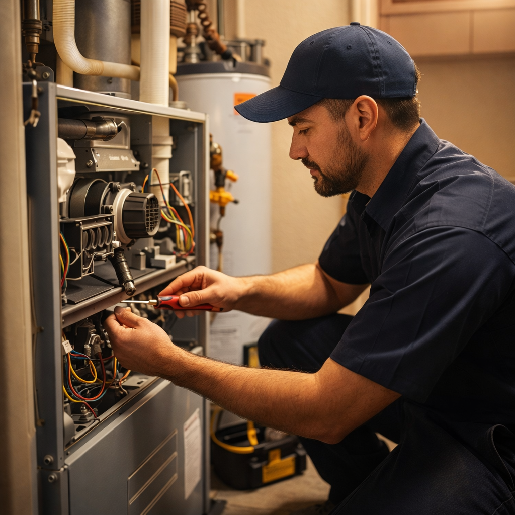 Technician in navy uniform repairing furnace with a screwdriver; indoor setting.