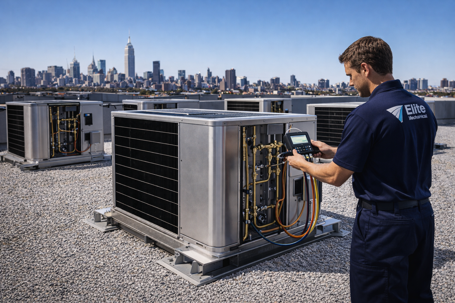 HVAC technician inspecting rooftop air conditioning units against a city skyline.