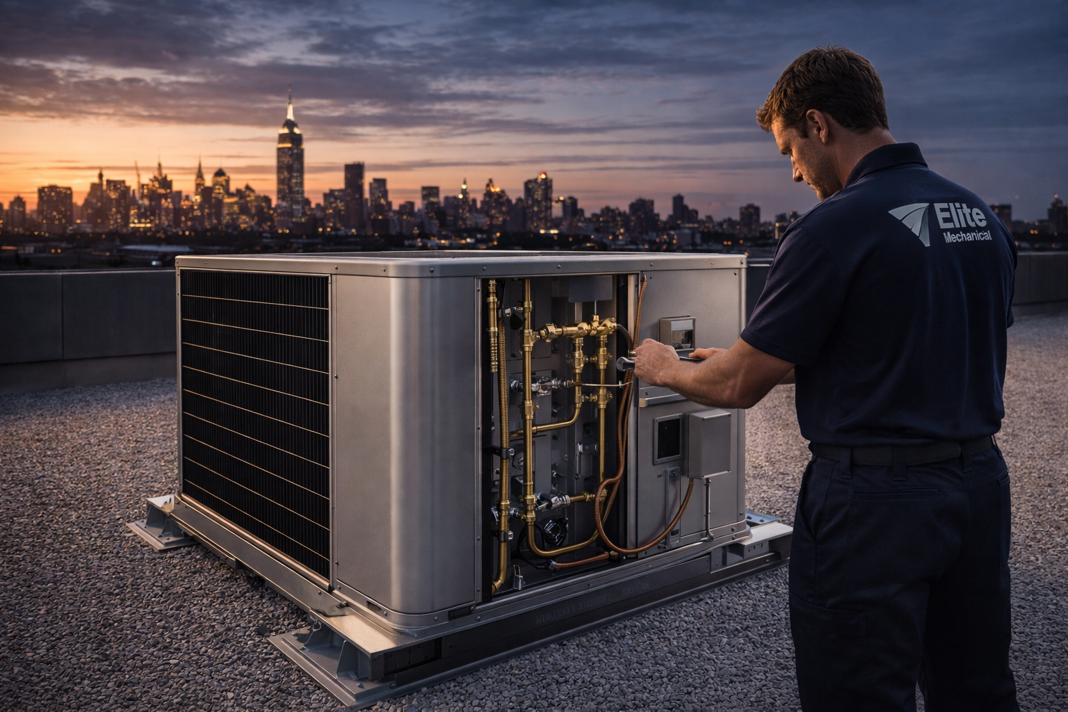 HVAC technician on a rooftop in front of an air conditioning unit; NYC skyline in the background.