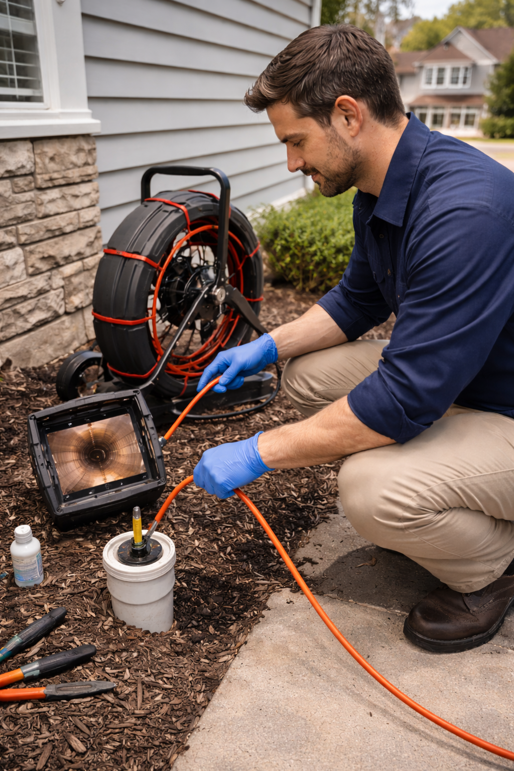 Man in blue shirt kneels outdoors, inspecting camera equipment near a house; sewer line inspection.