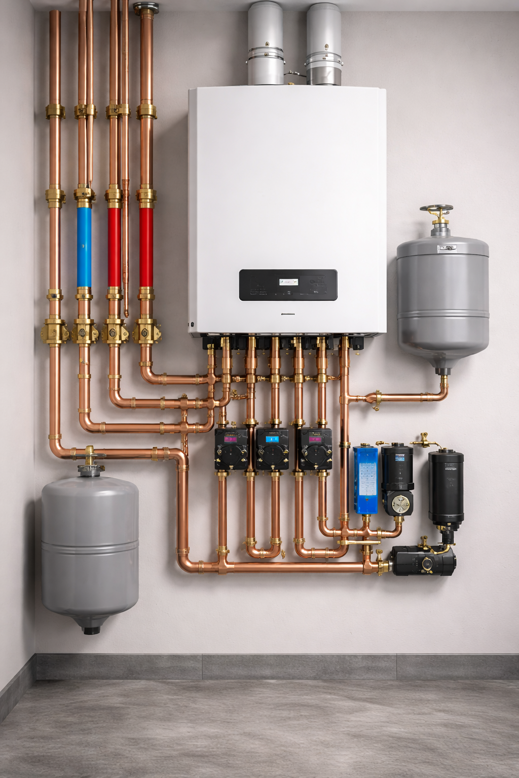 Copper pipes and white boiler system mounted on a wall. Includes tanks, valves, and a pump.