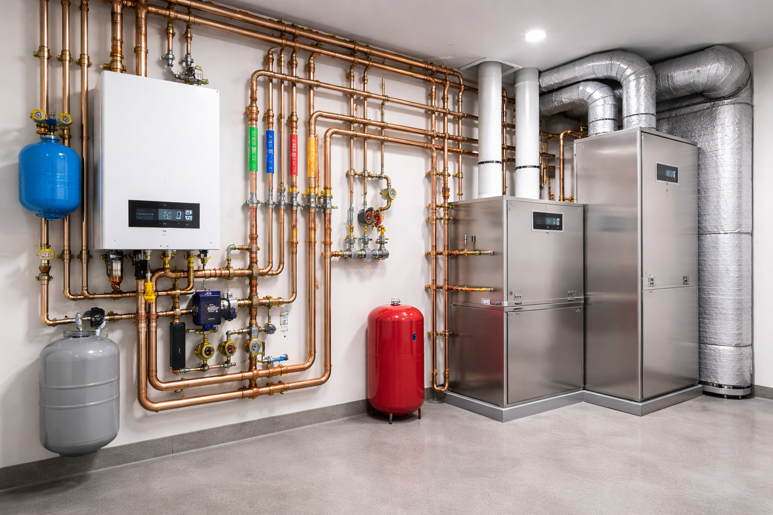 Heating system with copper pipes, a white boiler, and metallic appliances in a utility room.
