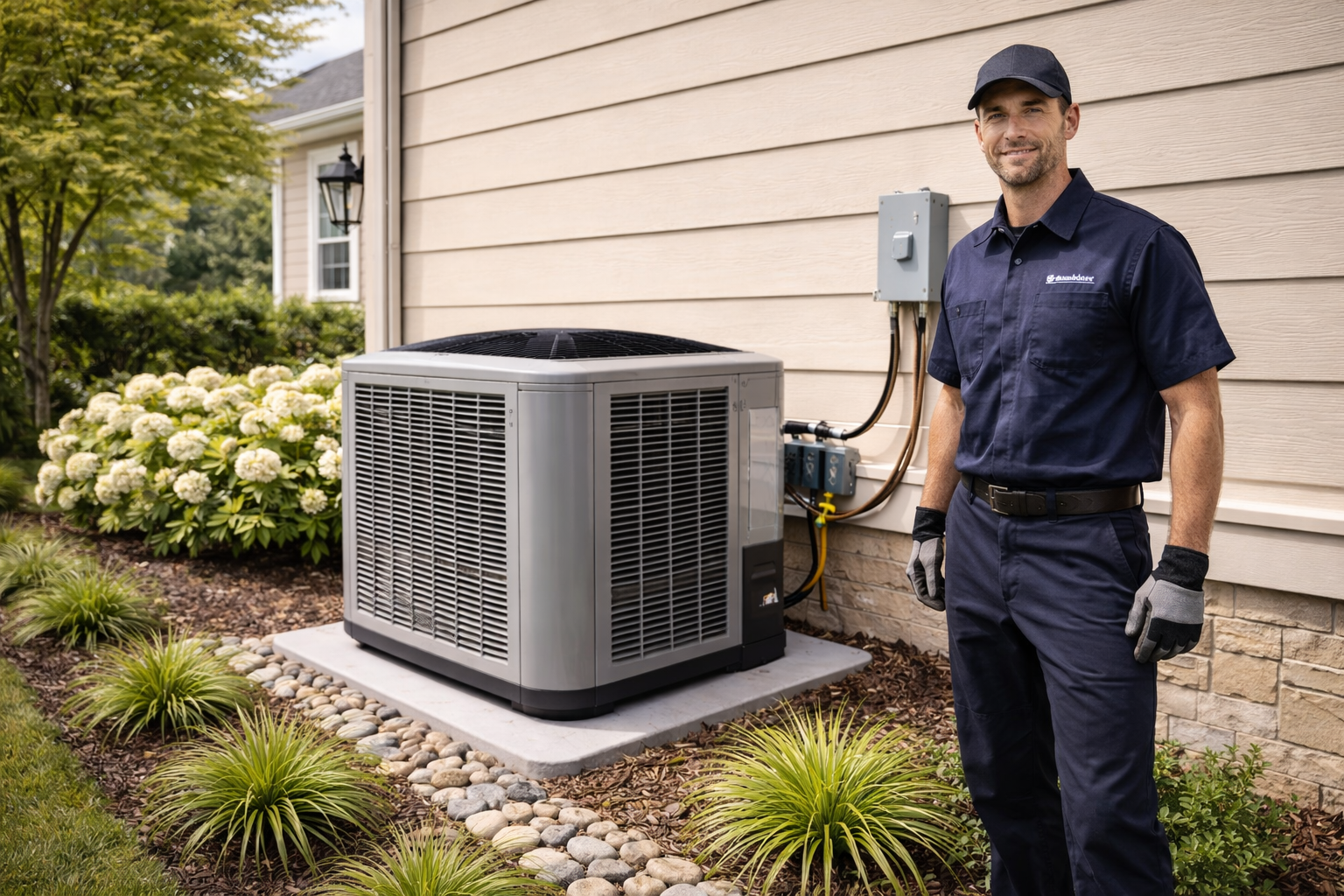 HVAC technician next to an air conditioning unit outside a house.