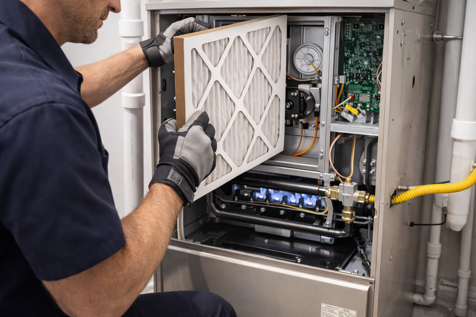 Person replacing an air filter in a furnace, wearing gloves, in a utility room.
