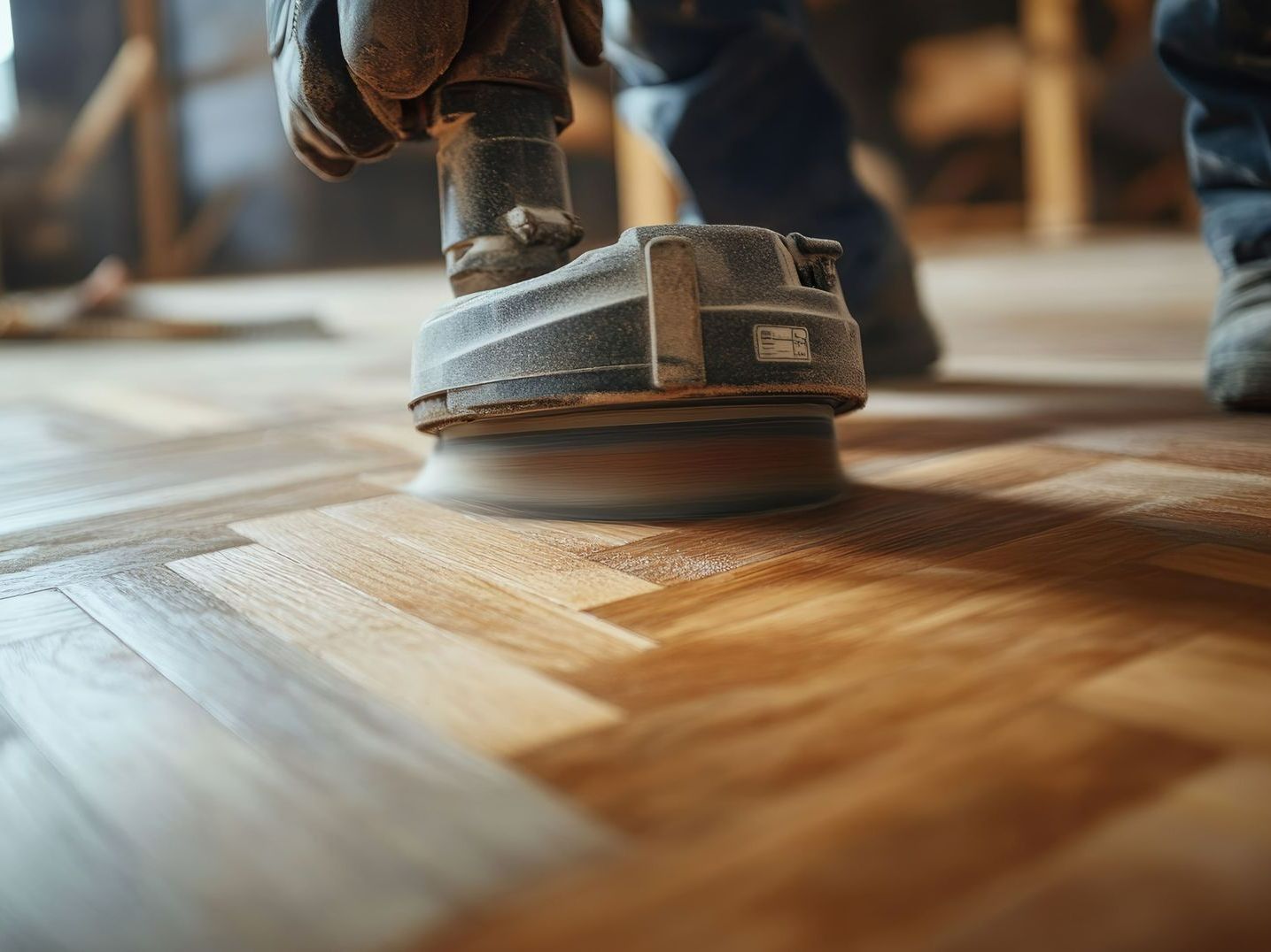 A person is sanding a wooden floor with a machine.