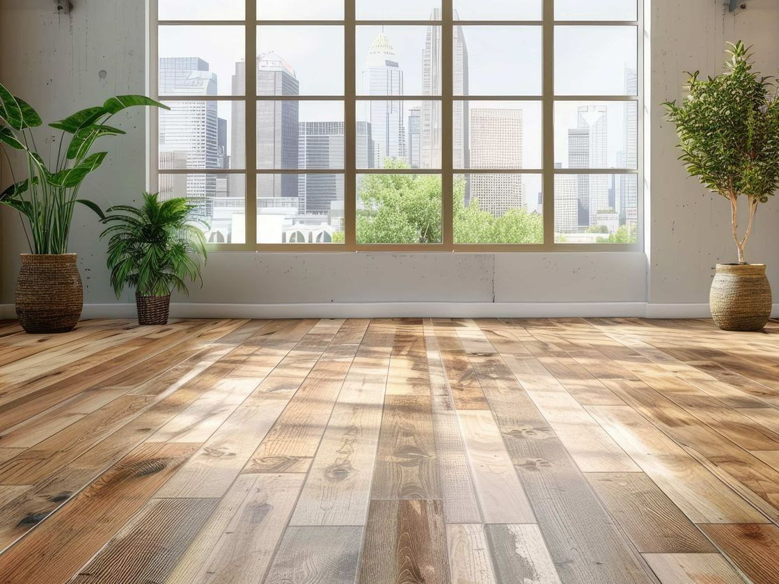 An empty room with a wooden floor and a large window.