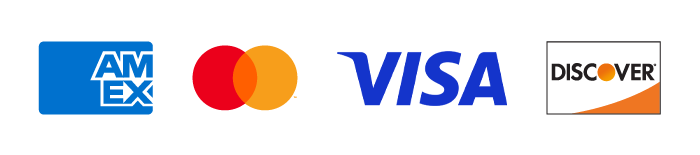 Logos for American Express, Mastercard, Visa, and Discover credit cards.