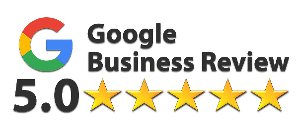 Google Business Review with 5-star rating. Google logo.
