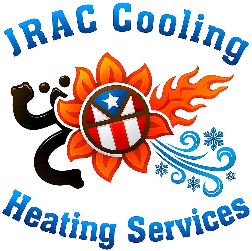 Logo for JRAC Cooling Heating Services: blue text, black