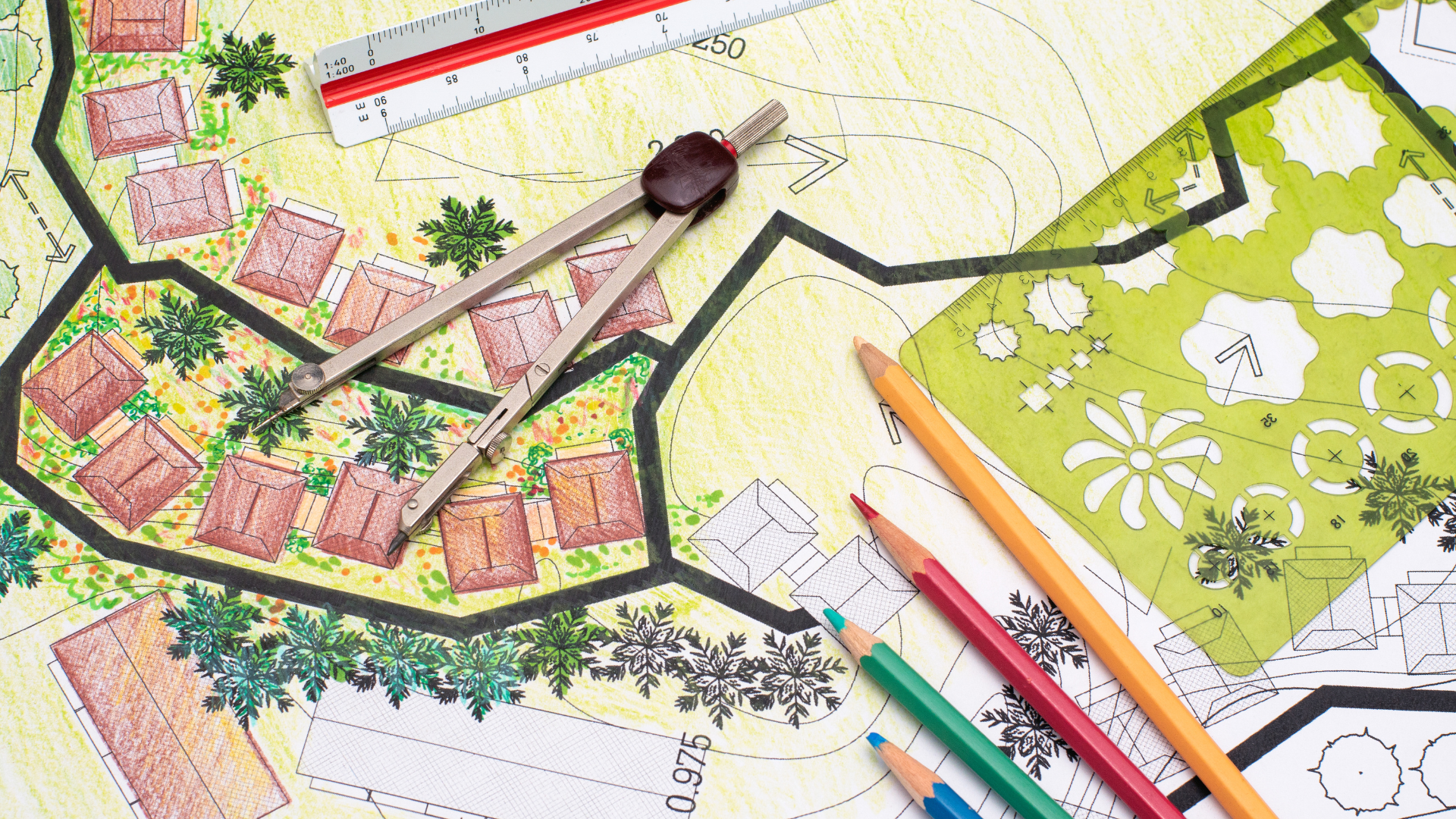 A drawing of a garden with a ruler , compass and pencils.