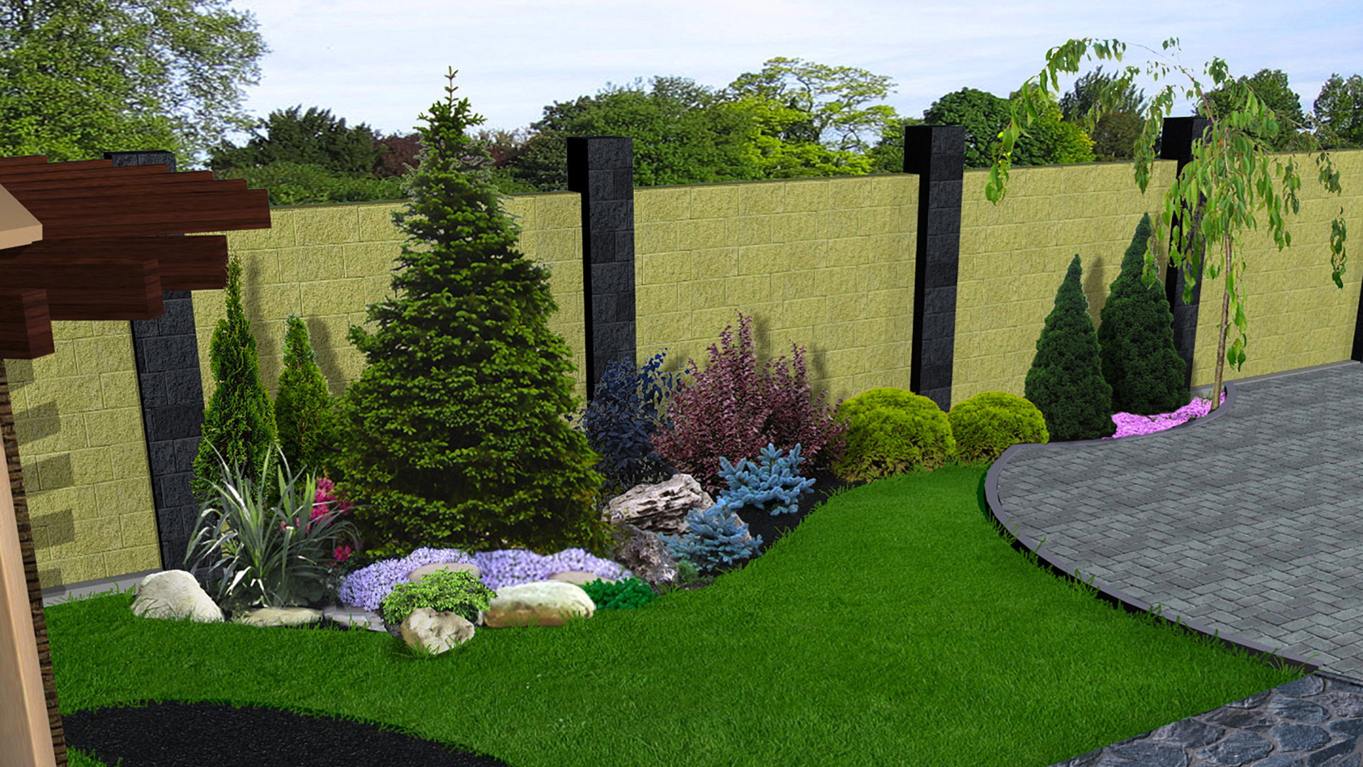 A computer generated image of a garden with a fence and trees.