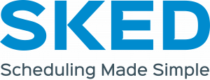 A blue and white logo for sked scheduling made simple
