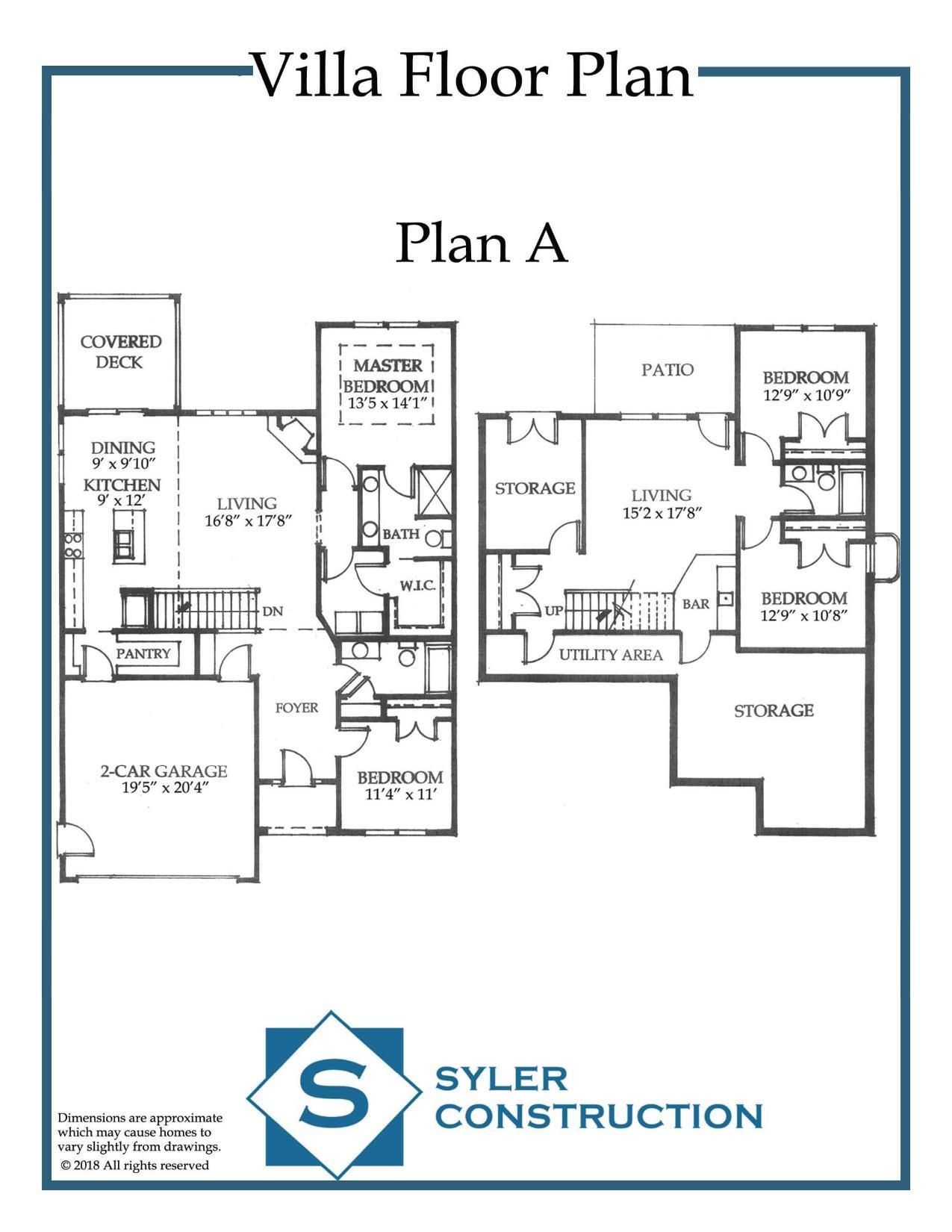 Villa floor plan labeled Plan A with multiple rooms and Syler Construction logo