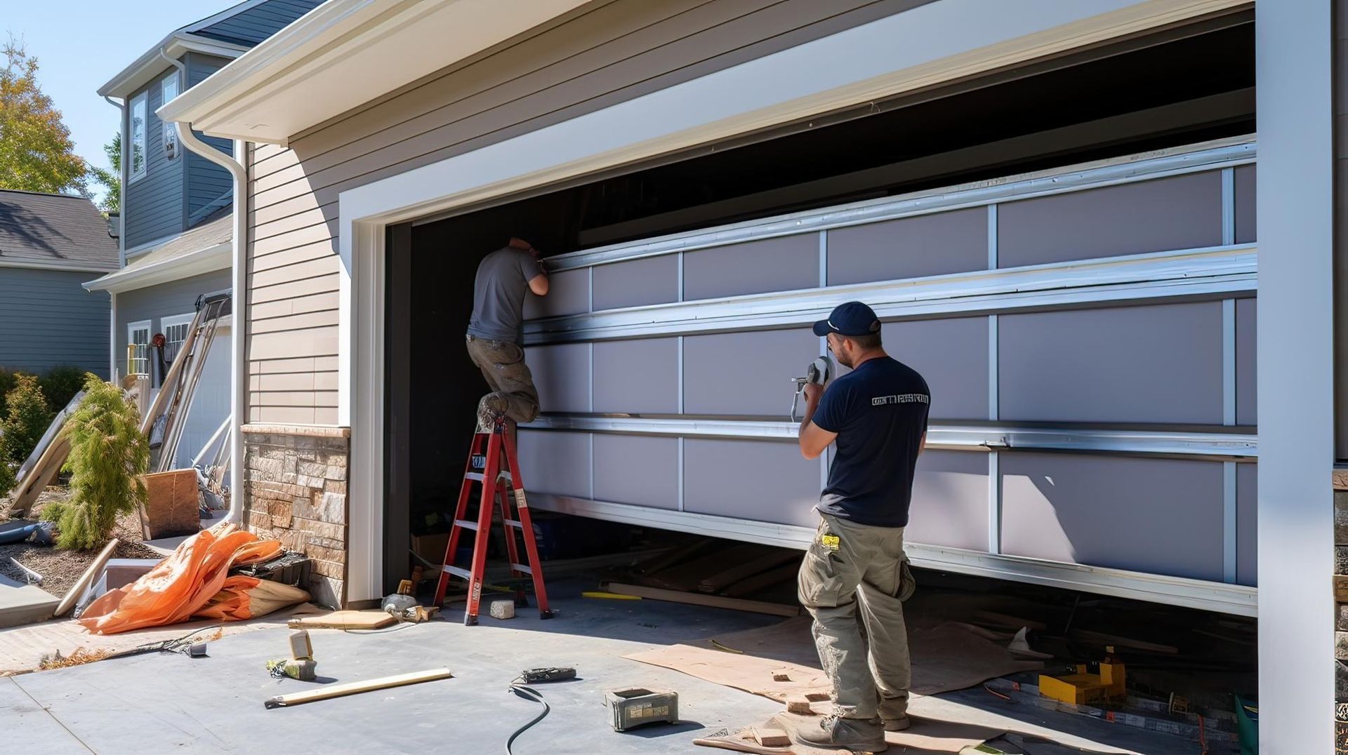 Two men are installing a garage door in front of a house.