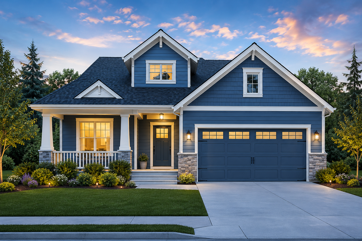 Two-story beige house with white double garage doors and a landscaped front yard