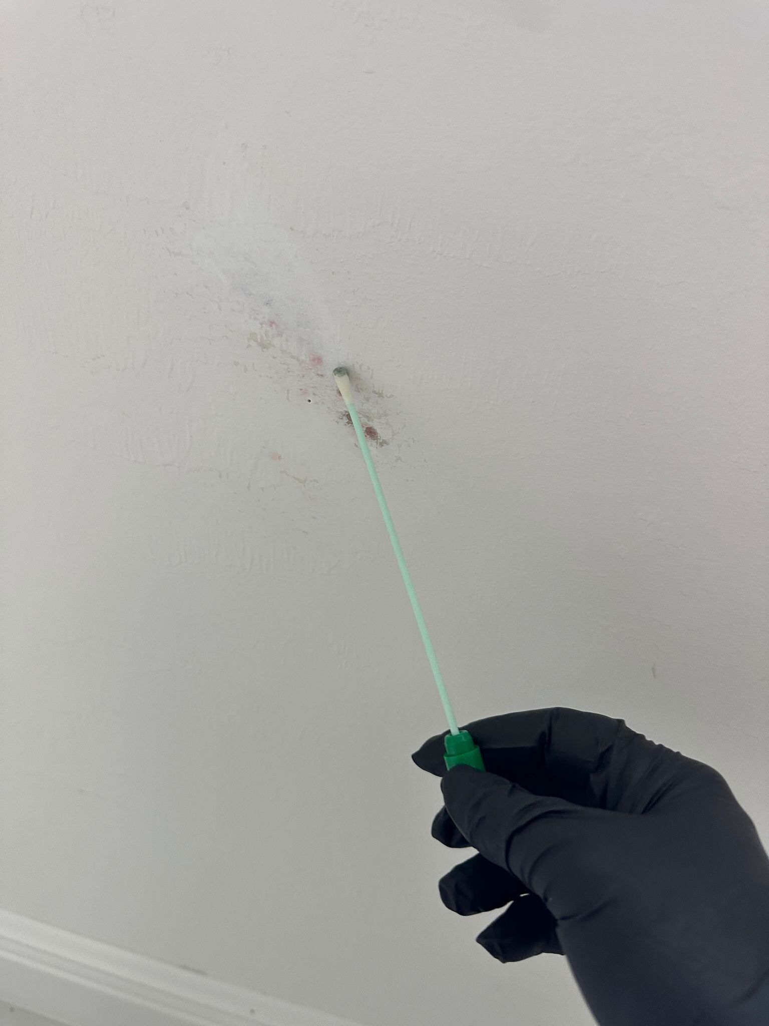 A person is holding a green stick in front of a ceiling.