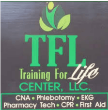 Logo for Training For Life, a center offering courses. Green and black with course listings.
