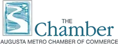 Logo of the Augusta Metro Chamber of Commerce: square with a river graphic, and text 