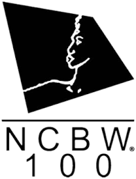 Logo: Black silhouette face within black angled shape above 