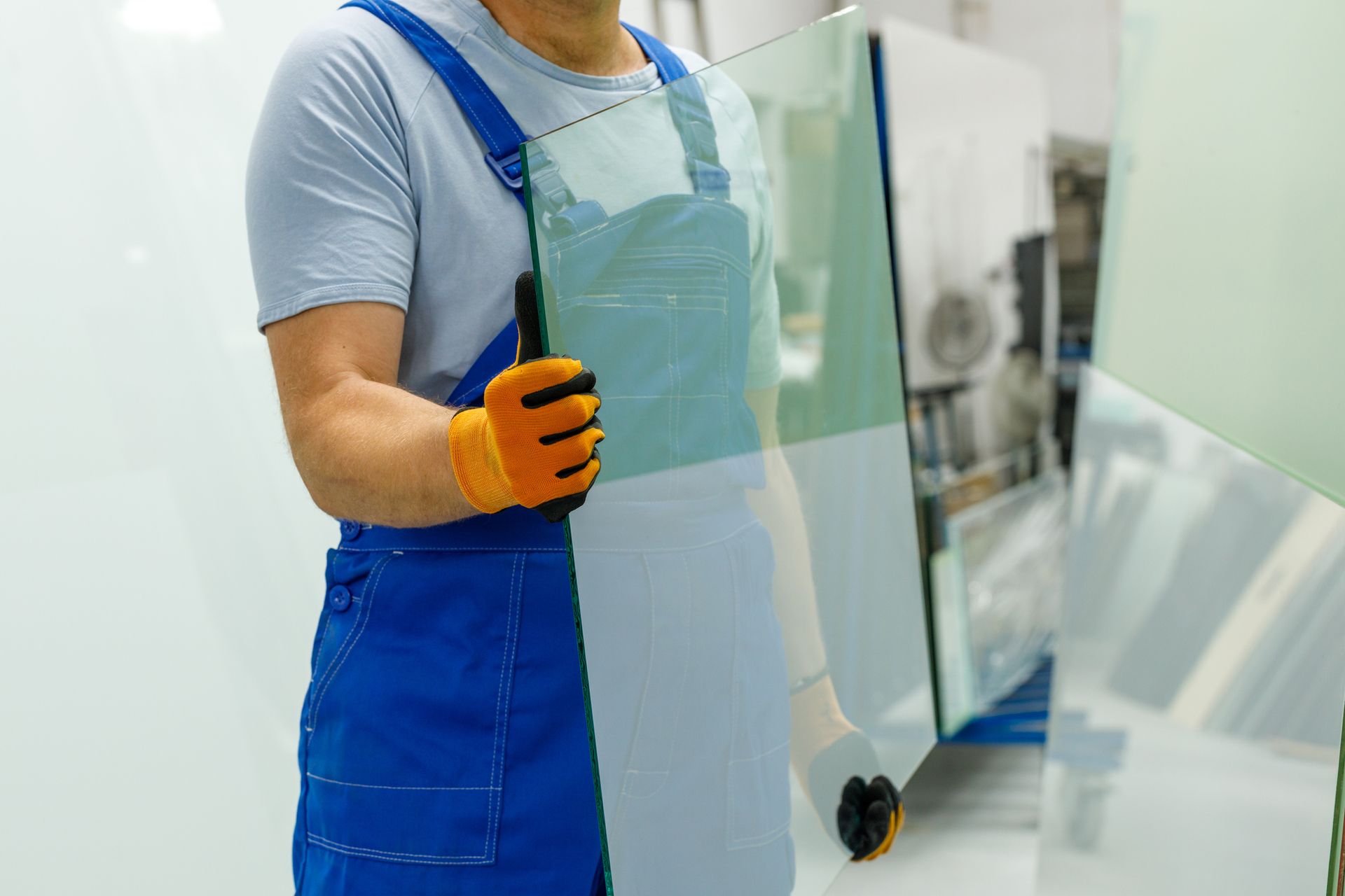 The glazier carries the glass in the glass factory