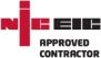 A red and black logo for an approved contractor.