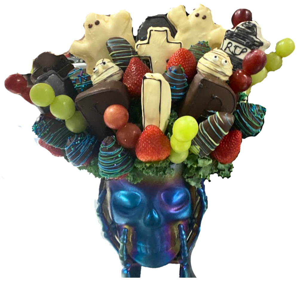 A bouquet of fruits and vegetables with a label that says eat drink scary