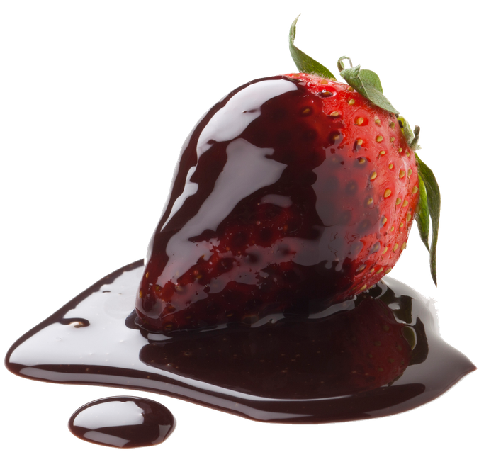 A strawberry covered in chocolate sauce on a white background
