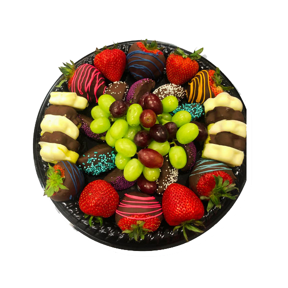 A black plate topped with chocolate covered strawberries and blueberries