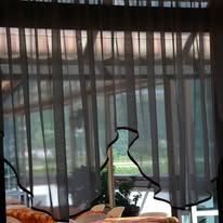 Sheer black curtains in front of a window, partially obscuring a view of trees and sunlight.