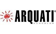 Logo: ARQUATI in black text, red sun emblem,
