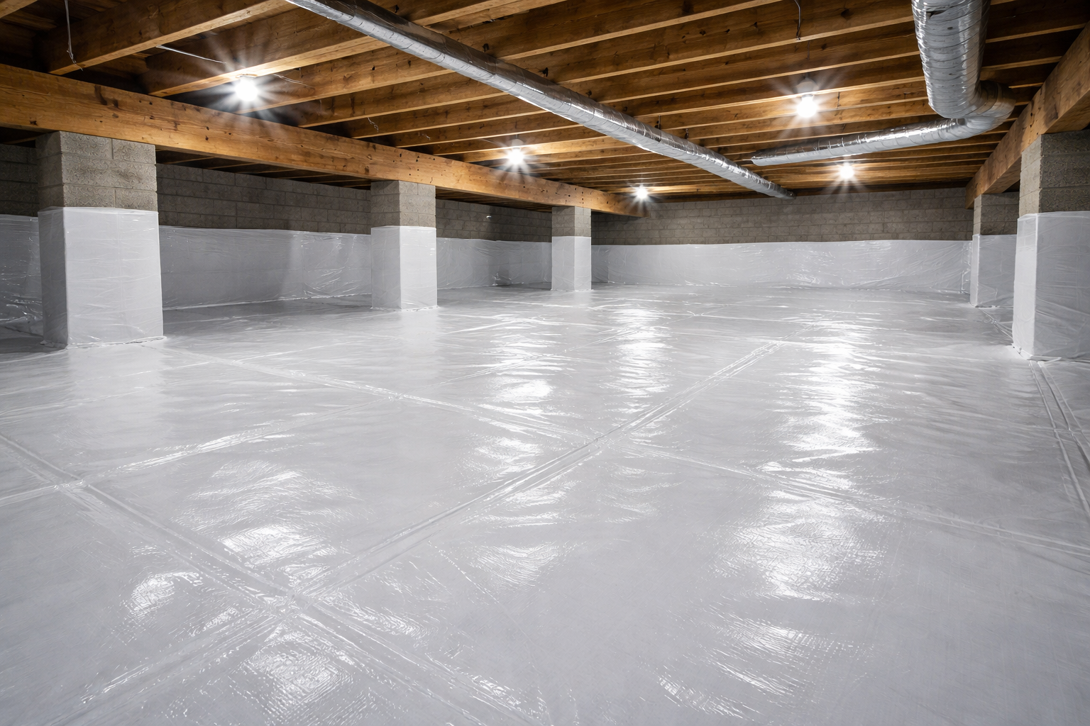 A crawl space with white-covered floor and walls, exposed wooden beams, and overhead lighting.