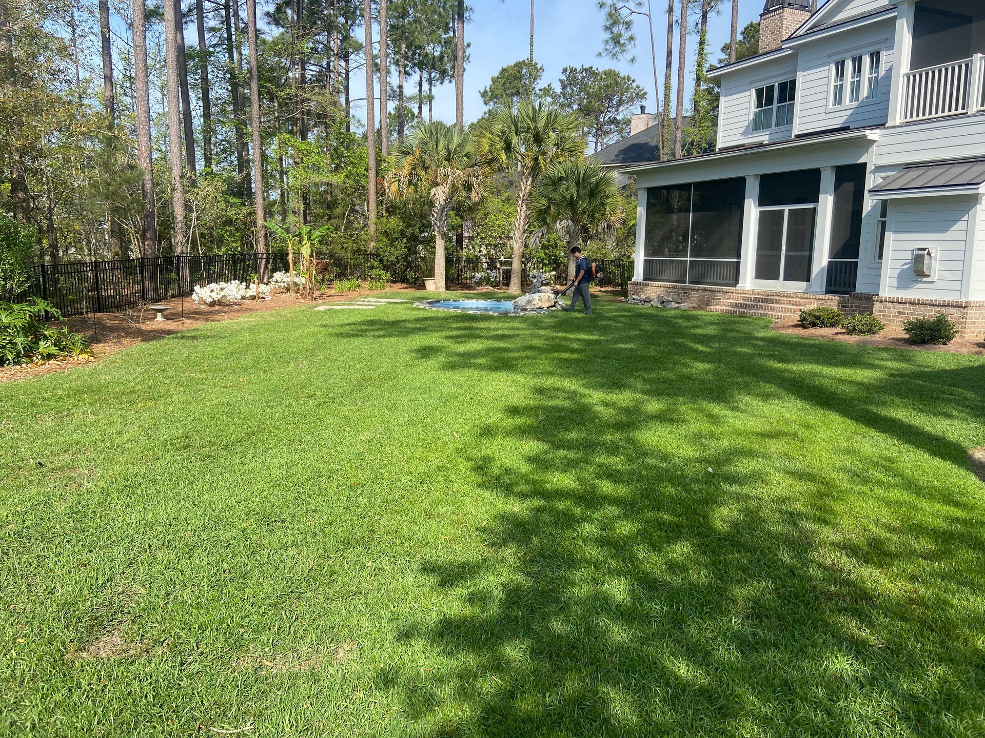 A large lush green lawn in front of a house with a screened in porch.