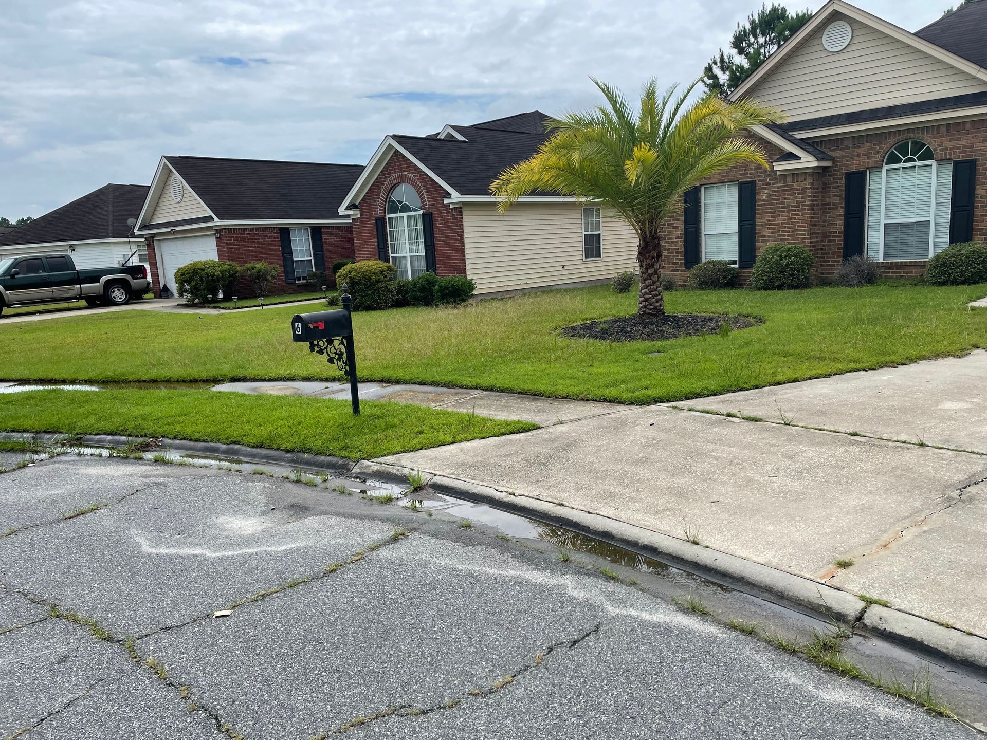 A brick house with a palm tree in front of it
