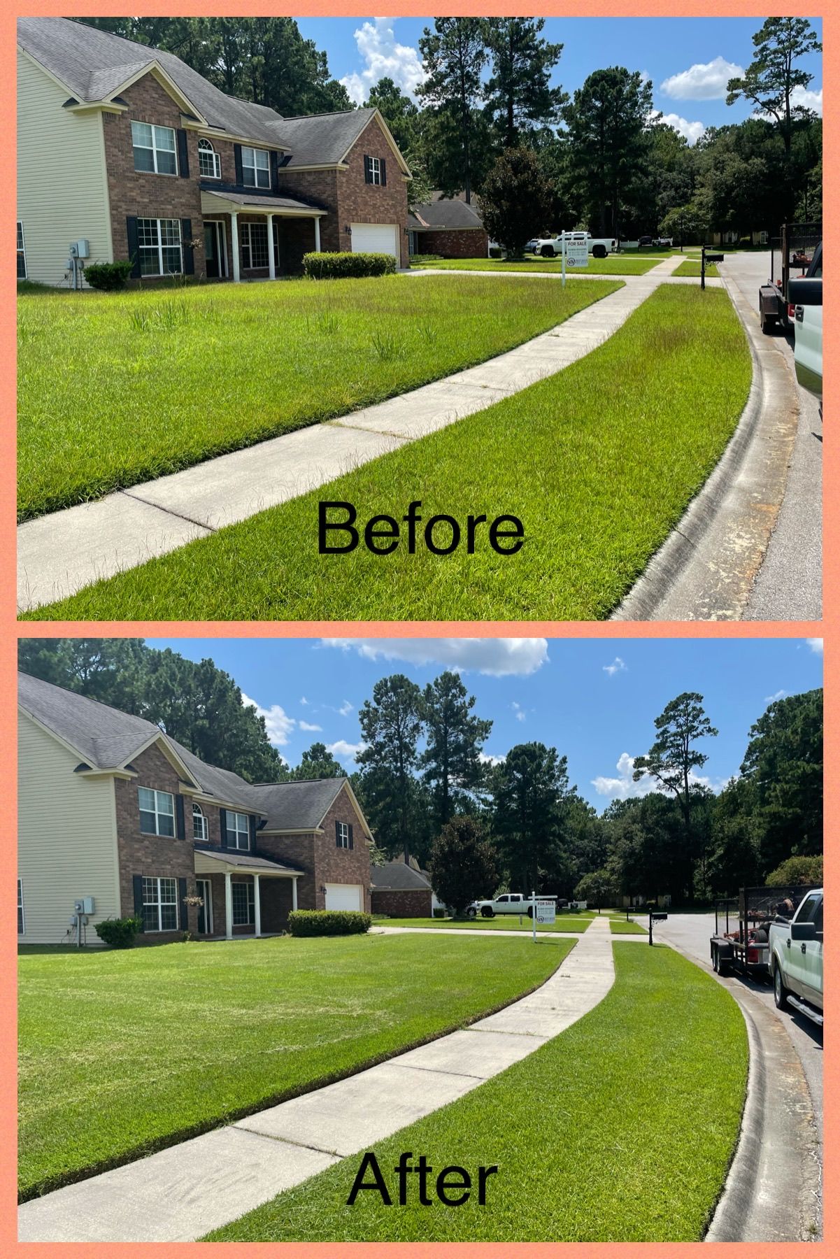 A before and after picture of a lawn with a house in the background.